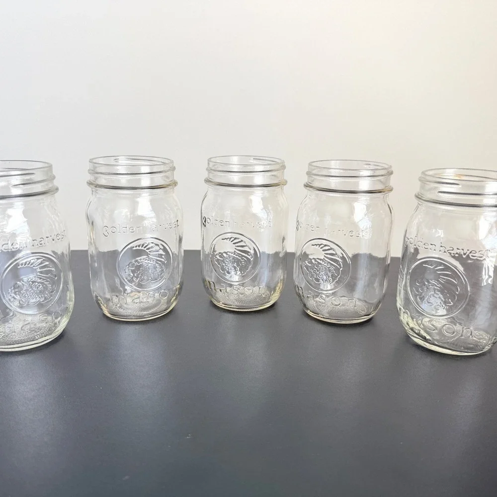 Lot 5 Vintage Golden Harvest Mason Jars Regular Mouth Clear Glass Canning